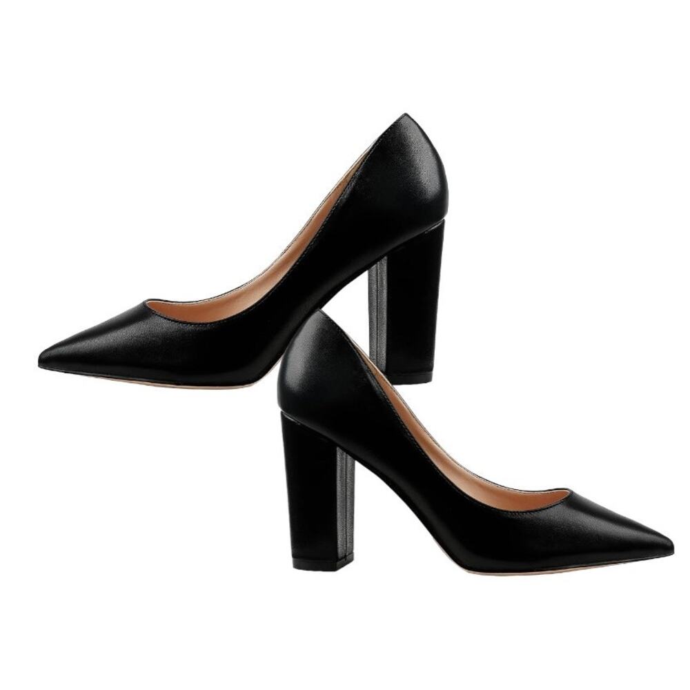 JOY IN LOVE Chunky Heels High Block Heel Pointy Toe Dress Pumps Black Matte 7.5